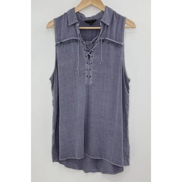 Rock & Republic Sleeveless Lace Up Neck Blouse W Fringe Sz L Western Boho - Picture 1 of 8